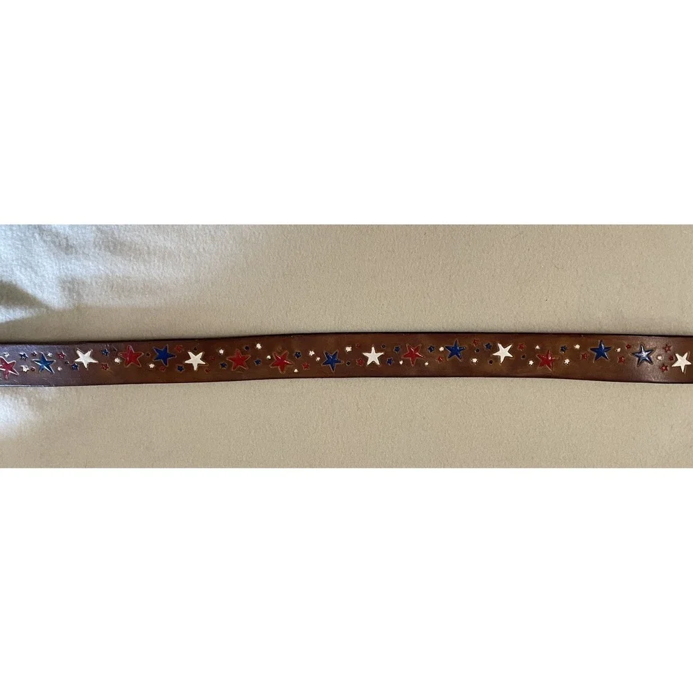 Tooled Leather Belt Red White & Blue Stars Western Cowgirl Brown Vtg 27-31.5